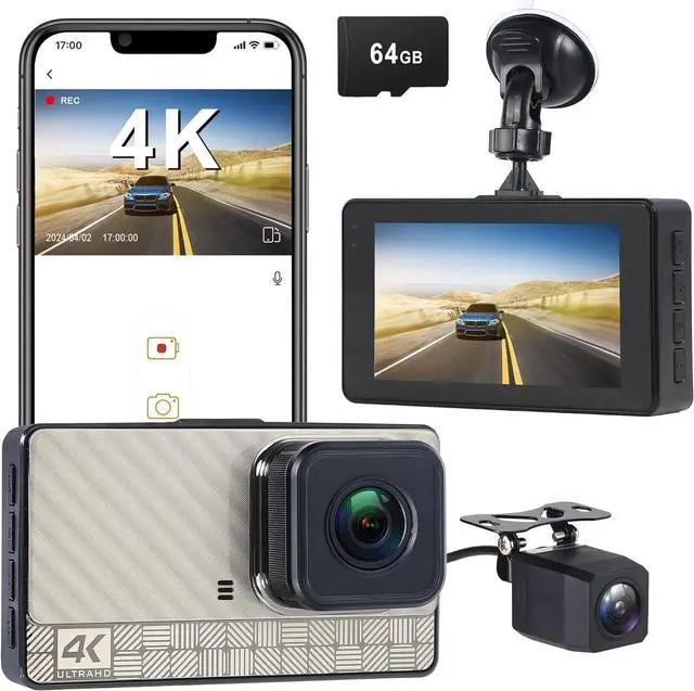 Alt view image 8 of 14 - 4K Front Dash Cam & 2K Rear Full HD Dash Camera for Cars, Included 64GB Card, 170° Wide Angle, Built-in Wi-Fi, 3" IPS Screen, Night Vision, WDR/HDR, 24hr Parking Monitor