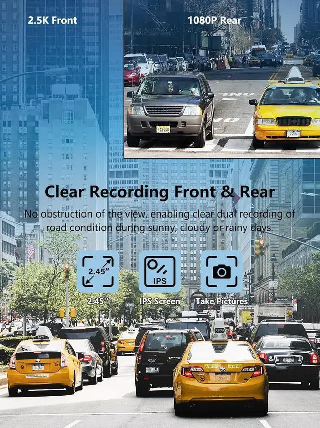 Alt view image 10 of 14 - Dash Cam Front and Rear, 2.5K+1080P Dual Dash Camera for Cars with 32GB SD Card, 2.45 inch IPS Screen, 2 Mounting Ways, Night Vision, WDR, Accident Lock, Loop Recording, Parking Monitor