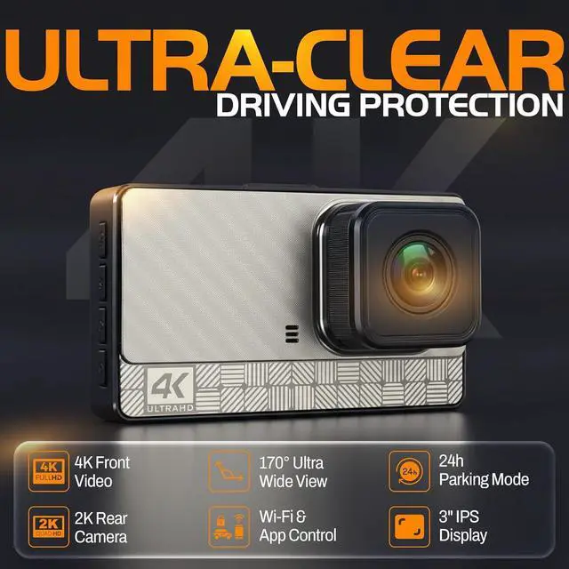 Alt view image 9 of 14 - 4K Front Dash Cam & 2K Rear Full HD Dash Camera for Cars, Included 64GB Card, 170° Wide Angle, Built-in Wi-Fi, 3" IPS Screen, Night Vision, WDR/HDR, 24hr Parking Monitor