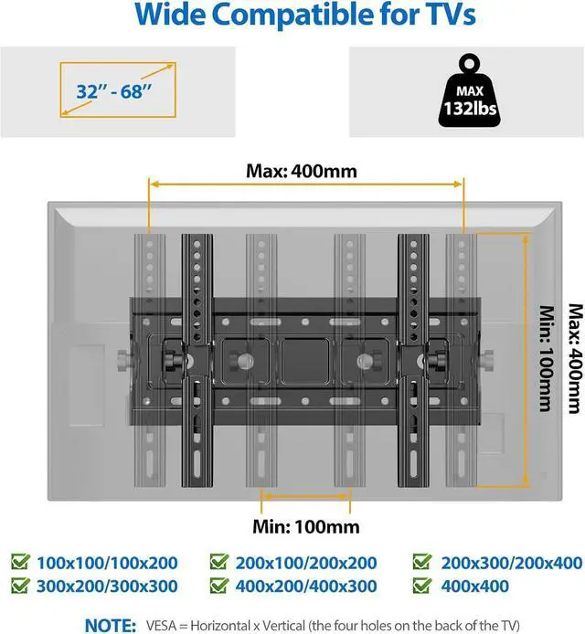 Alt view image 10 of 14 - Tilting TV Mount for Most 32-68",42 43 47 49 50 55 60 65 Inch TV Wall Mount Tilt Up and Down,Holds up to 132lbs with Max VESA 400x400mm,Universal Low Profile Flat Monitor Wall Mount TV Bracket