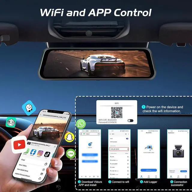 Alt view image 10 of 14 - 9.66 Inch Rear View Mirror Camera - 4K Mirror Dash Cam Front and Rear with 1080P Rear Camera - Full Touch Screen Mirror Camera for Car with WiFi&APP Control Parking Monitor Night Vision + 64GB Card