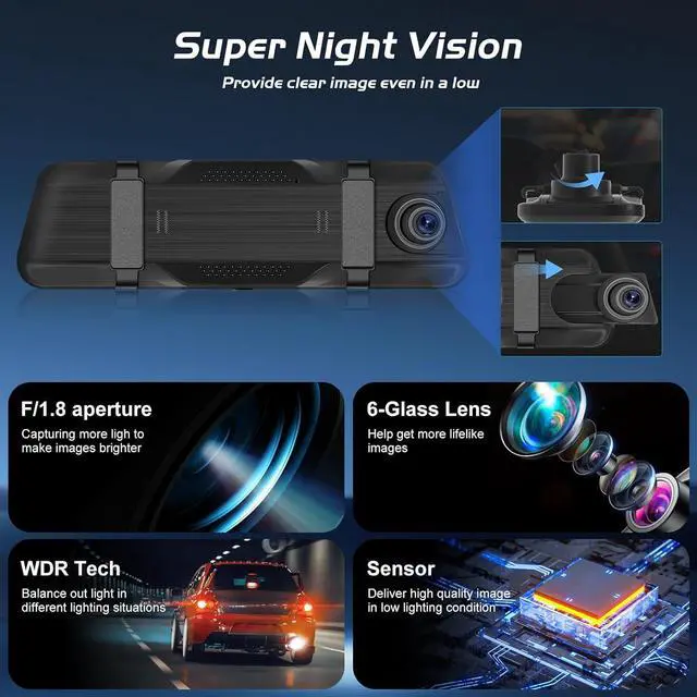 Alt view image 12 of 14 - 9.66 Inch Rear View Mirror Camera - 4K Mirror Dash Cam Front and Rear with 1080P Rear Camera - Full Touch Screen Mirror Camera for Car with WiFi&APP Control Parking Monitor Night Vision + 64GB Card