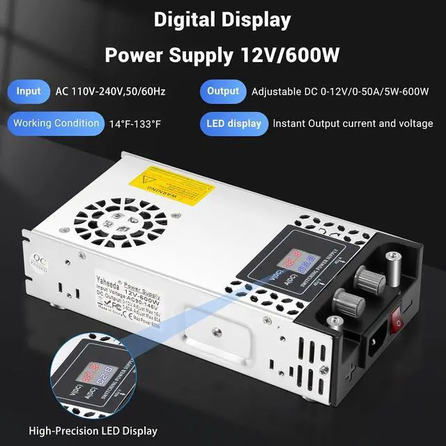 Alt view image 9 of 14 - Adjustable Power Supply with LED Display - AC110V/220V to DC 0-12V Converter 600W 50A Power Supply