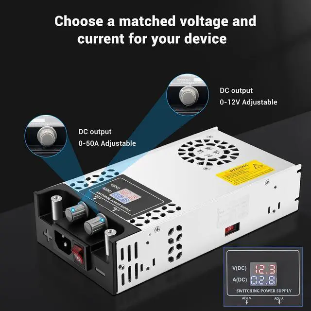 Alt view image 10 of 14 - Adjustable Power Supply with LED Display - AC110V/220V to DC 0-12V Converter 600W 50A Power Supply