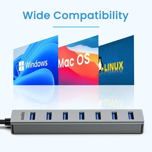 Alt view image 12 of 14 - USB 3.0 hub, atolla 7-Port Multi USB Aluminum hub, 1m Extension Cable USB Splitter, Suitable for PC, Laptop, MacBook Pro, etc.