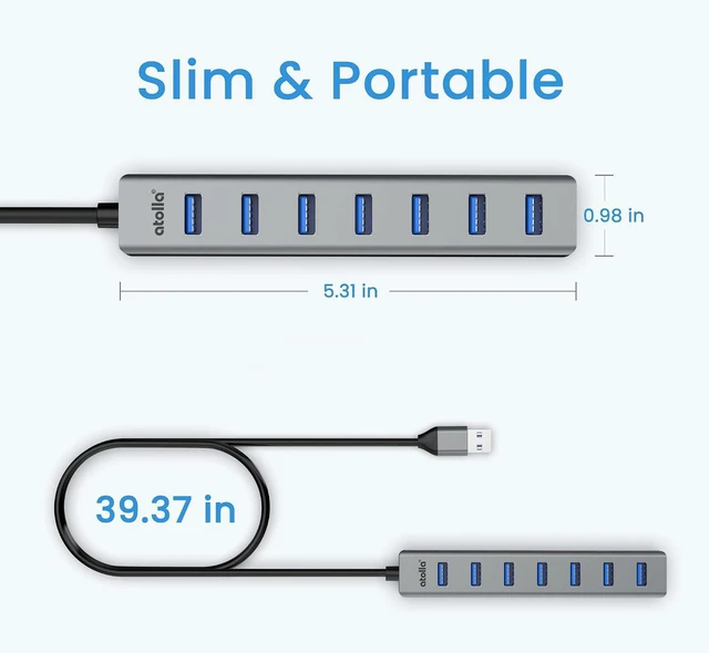 Alt view image 14 of 14 - USB 3.0 hub, atolla 7-Port Multi USB Aluminum hub, 1m Extension Cable USB Splitter, Suitable for PC, Laptop, MacBook Pro, etc.