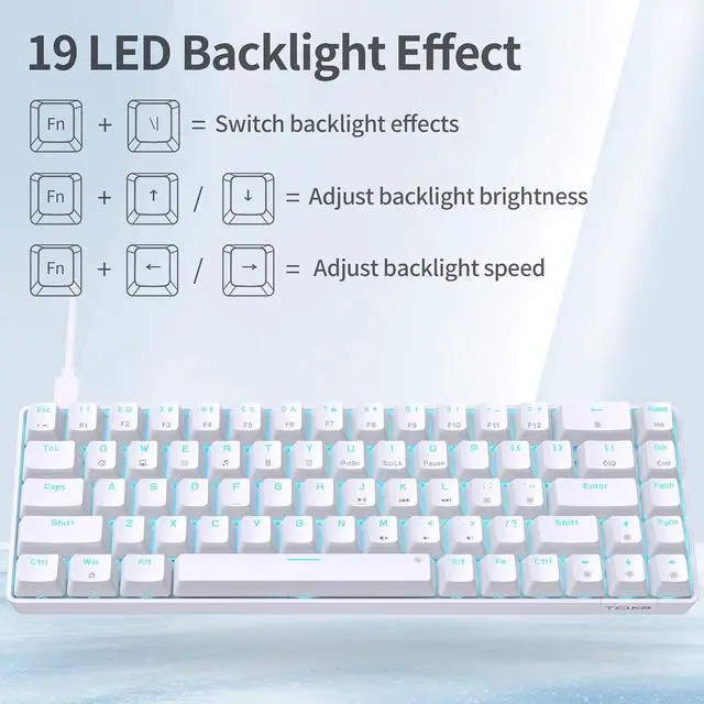 Alt view image 11 of 14 - TMKB T68SE Gaming Keyboard, 60% Mechanical Keyboard, LED Backlit Ultra-Compact 68 Keys Wired Mini Keyboard with Separate Arrow/Control Keys for Windows Laptop PC Gamer Typist with Red Switch-White
