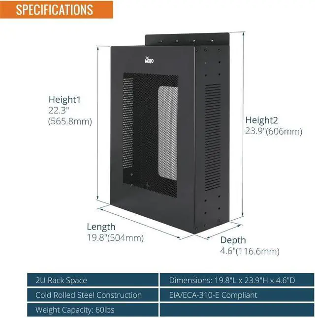 Alt view image 8 of 12 - Tecmojo 2U Vertical/Horizontal Wall Mountable Server Rack, with Vented Enclosure for 19" IT Equipment, Cable Modems, Telecom, A/V, Black