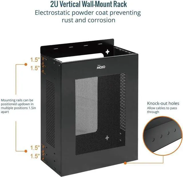 Alt view image 10 of 12 - Tecmojo 2U Vertical/Horizontal Wall Mountable Server Rack, with Vented Enclosure for 19" IT Equipment, Cable Modems, Telecom, A/V, Black