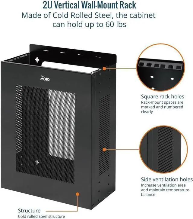 Alt view image 9 of 12 - Tecmojo 2U Vertical/Horizontal Wall Mountable Server Rack, with Vented Enclosure for 19" IT Equipment, Cable Modems, Telecom, A/V, Black
