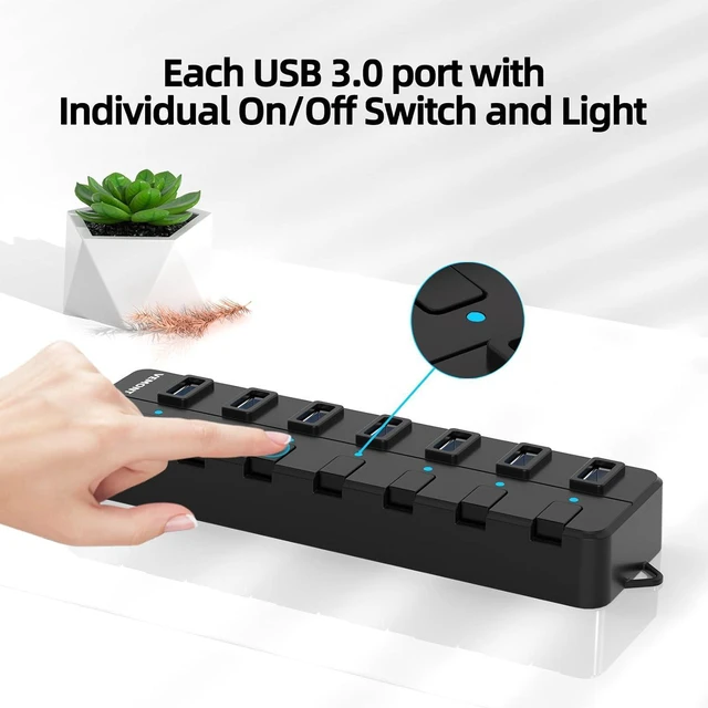 Alt view image 9 of 14 - USB hub,7 Port USB 3.0 Hub,VEMONT USB Splitter with Individual On/Off Switches and Lights, 4ft/1.2m USB HUB Long Cable, USB Extension for Laptop and PC Computer