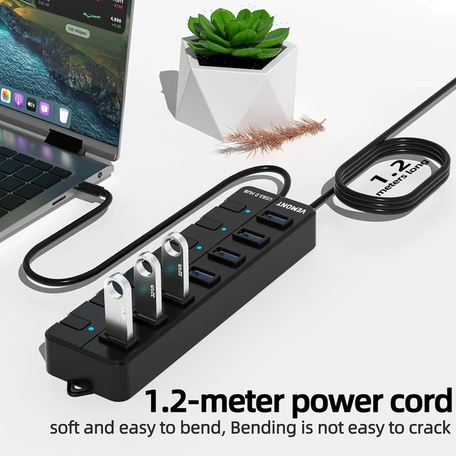 Alt view image 10 of 14 - USB hub,7 Port USB 3.0 Hub,VEMONT USB Splitter with Individual On/Off Switches and Lights, 4ft/1.2m USB HUB Long Cable, USB Extension for Laptop and PC Computer
