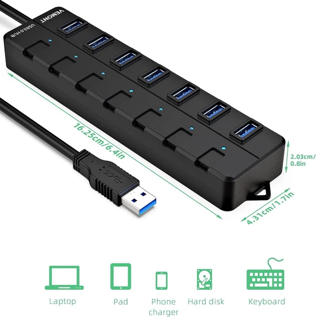 Alt view image 14 of 14 - USB hub,7 Port USB 3.0 Hub,VEMONT USB Splitter with Individual On/Off Switches and Lights, 4ft/1.2m USB HUB Long Cable, USB Extension for Laptop and PC Computer