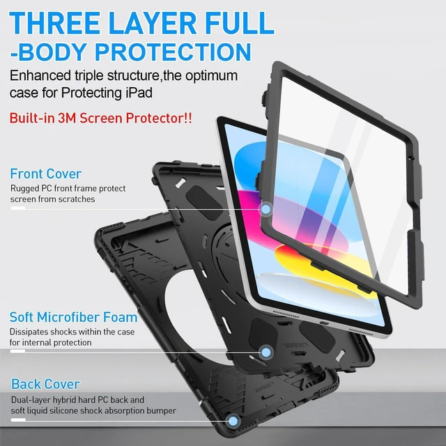 Alt view image 10 of 14 - SUPFIVES Case for iPad (A16) 11th/10th Generation 2022/2025, Full-Body Drop Protection Cover for iPad 10th Gen 10.9/11 inch with Screen Protector, 360° Rotate Stand, Shoulder Strap, Pencil Holder