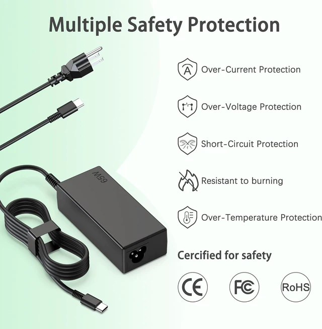 Alt view image 11 of 12 - 65W Chromebook Charger USB Type C Compatible with HP, Acer, Asus, Dell, Lenovo, Samsung, Google Laptops, Computer Charger Power Cord Type C