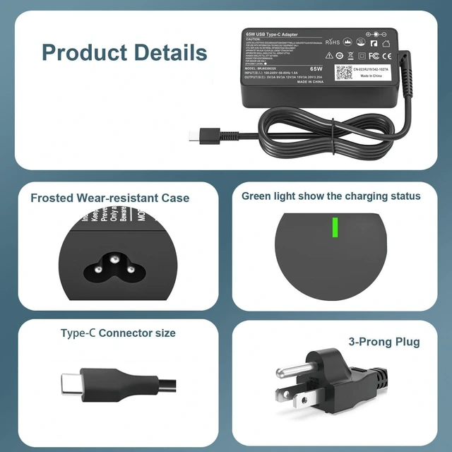 Alt view image 7 of 10 - 65W USB C Laptop Charger Fit for Dell Chromebook/Latitude/Inspiron/XPS Laptop, Chromebook 3100 3110 and More USB Type C Power Adapter