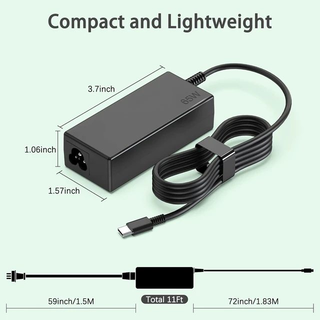 Alt view image 10 of 12 - 65W Chromebook Charger USB Type C Compatible with HP, Acer, Asus, Dell, Lenovo, Samsung, Google Laptops, Computer Charger Power Cord Type C