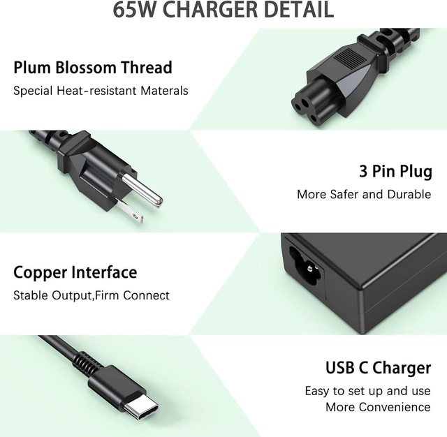 Alt view image 9 of 12 - 65W Chromebook Charger USB Type C Compatible with HP, Acer, Asus, Dell, Lenovo, Samsung, Google Laptops, Computer Charger Power Cord Type C