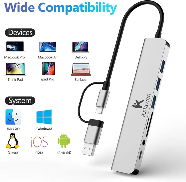 Alt view image 10 of 10 - Kalawen USB C Hub USB Hub 3.0, Aluminum 8 in 1 USB Splitter with 1 x USB 3.0, 3 x USB 2.0 and 1 x USB C, SD/TF Card Reader, 3.5mm Aux Ports for MacBook/Pad Pro Laptop Devices