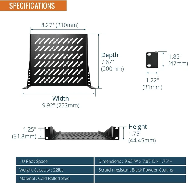 Alt view image 11 of 14 - Tecmojo 1U Rack Mount Shelf for 10" Server Rack, 7.87" Deep Vented Cantilever Tray, Metal Shelf for Network Cabinet, Server Enclosure, Enhanced Airflow, Black