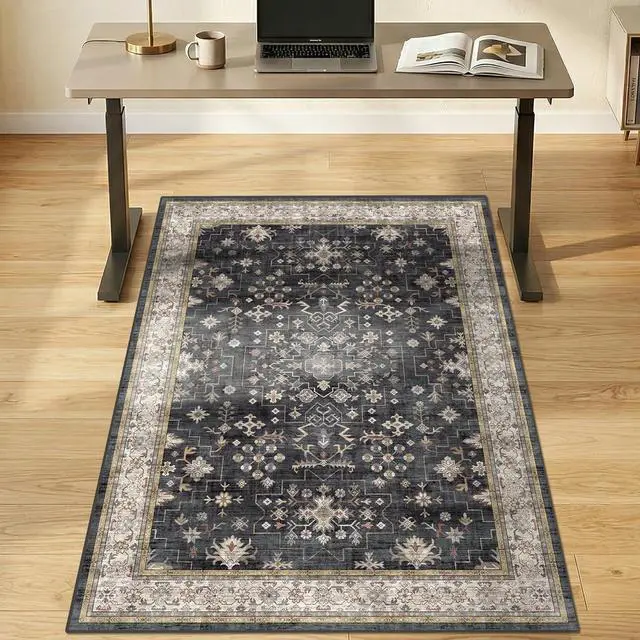 Alt view image 8 of 14 - 3x4 Black Boho Office Chair Mat for Hardwood Floors - Ultra-Soft Low Pile Desk Rug with Non-Slip Backing, Small 36x48 Computer Chair Area Rug for WFH Comfort and Floor Protection