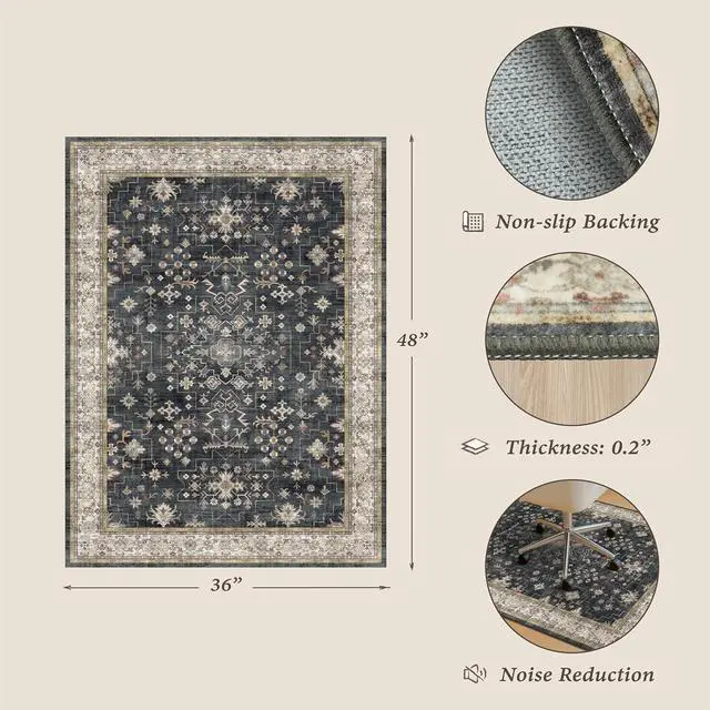 Alt view image 9 of 14 - 3x4 Black Boho Office Chair Mat for Hardwood Floors - Ultra-Soft Low Pile Desk Rug with Non-Slip Backing, Small 36x48 Computer Chair Area Rug for WFH Comfort and Floor Protection