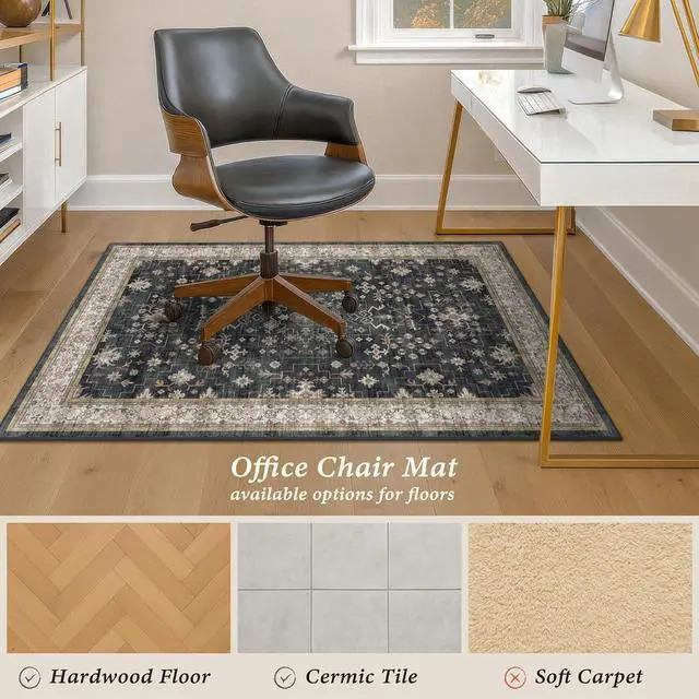 Alt view image 10 of 14 - 3x4 Black Boho Office Chair Mat for Hardwood Floors - Ultra-Soft Low Pile Desk Rug with Non-Slip Backing, Small 36x48 Computer Chair Area Rug for WFH Comfort and Floor Protection