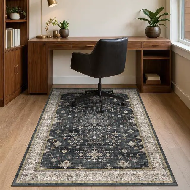 Alt view image 12 of 14 - 3x4 Black Boho Office Chair Mat for Hardwood Floors - Ultra-Soft Low Pile Desk Rug with Non-Slip Backing, Small 36x48 Computer Chair Area Rug for WFH Comfort and Floor Protection