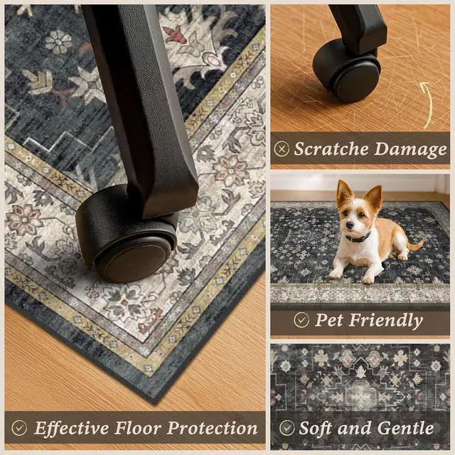 Alt view image 13 of 14 - 3x4 Black Boho Office Chair Mat for Hardwood Floors - Ultra-Soft Low Pile Desk Rug with Non-Slip Backing, Small 36x48 Computer Chair Area Rug for WFH Comfort and Floor Protection