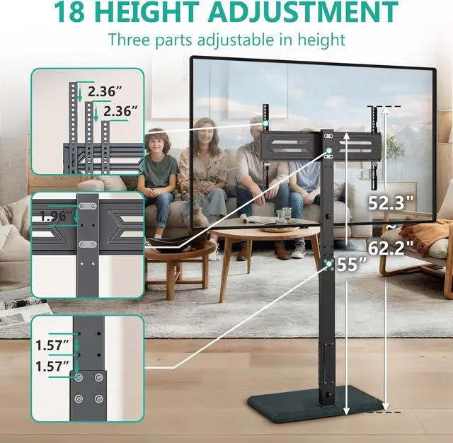 Alt view image 10 of 14 - WALI Floor TV Stand with Power Outlet, Tall TV Stand Mount for 32-75 inch TV up to 110 lbs, Swivel and Height Adjustable TV Stands with Wood Base for Bedroom, Living Room(TVDVD-7P), Black