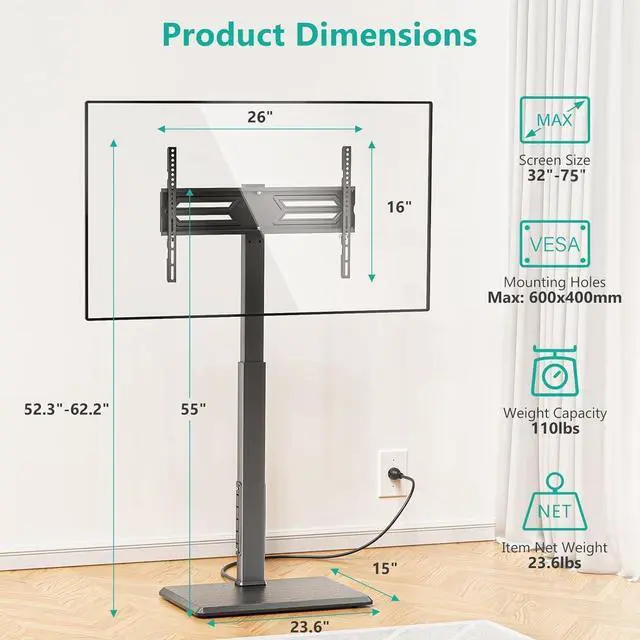 Alt view image 14 of 14 - WALI Floor TV Stand with Power Outlet, Tall TV Stand Mount for 32-75 inch TV up to 110 lbs, Swivel and Height Adjustable TV Stands with Wood Base for Bedroom, Living Room(TVDVD-7P), Black