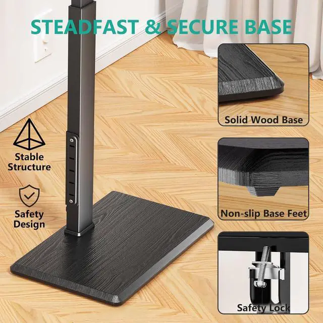 Alt view image 13 of 14 - WALI Floor TV Stand with Power Outlet, Tall TV Stand Mount for 32-75 inch TV up to 110 lbs, Swivel and Height Adjustable TV Stands with Wood Base for Bedroom, Living Room(TVDVD-7P), Black