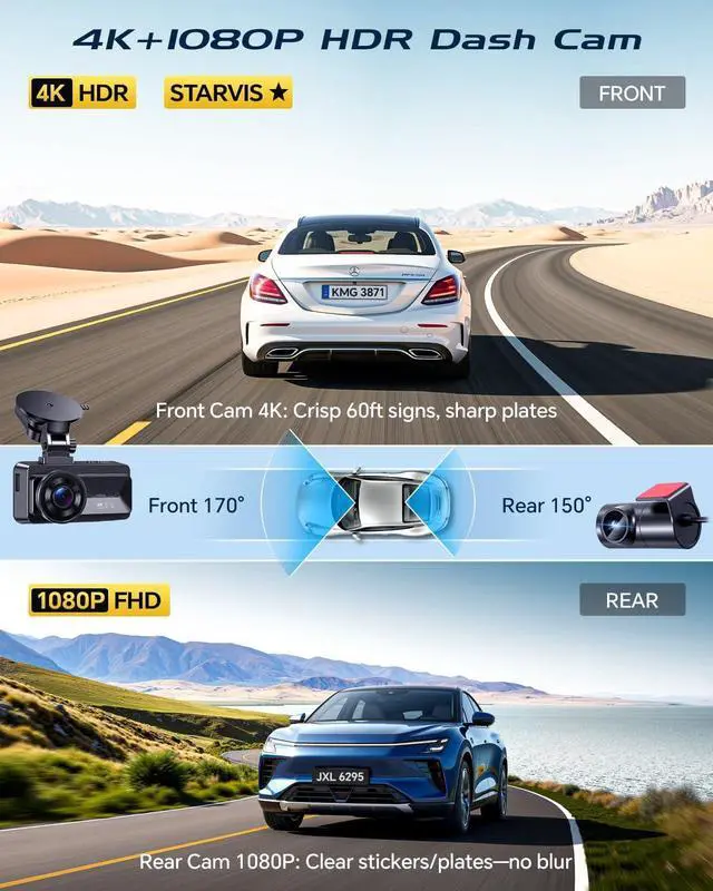 Alt view image 9 of 14 - Coolcrazy Dash Cam Front and Rear, STARVIS Sensor, Free 128GB Card Included, 5GHz WiFi-up to 20MB/s, 4k Dual Dash Camera for Cars, Built-in GPS, G-Sensor, WDR Super Night Vision, 24H Parking Mode
