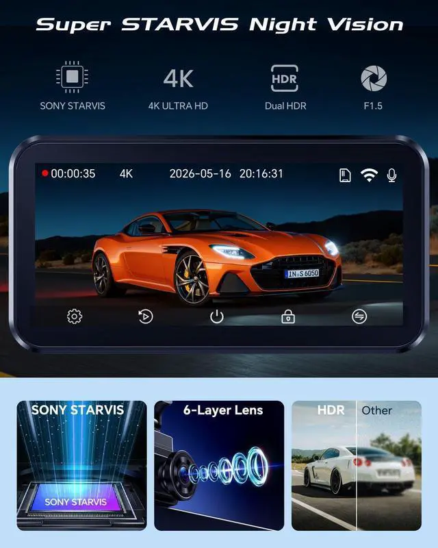 Alt view image 10 of 14 - Coolcrazy Dash Cam Front and Rear, STARVIS Sensor, Free 128GB Card Included, 5GHz WiFi-up to 20MB/s, 4k Dual Dash Camera for Cars, Built-in GPS, G-Sensor, WDR Super Night Vision, 24H Parking Mode