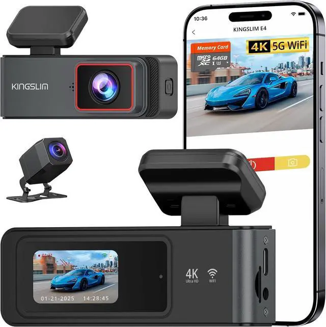 Alt view image 8 of 14 - Kingslim 4K Dash Cam Front and Rear with 64GB SD Card, 5G WiFi Dash Camera for Cars, 1.5'' Screen Dashcam Wireless APP Control, Support G-Sensor/Time Lapse 2 Kinds Parking Monitor
