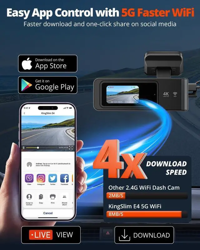 Alt view image 11 of 14 - Kingslim 4K Dash Cam Front and Rear with 64GB SD Card, 5G WiFi Dash Camera for Cars, 1.5'' Screen Dashcam Wireless APP Control, Support G-Sensor/Time Lapse 2 Kinds Parking Monitor