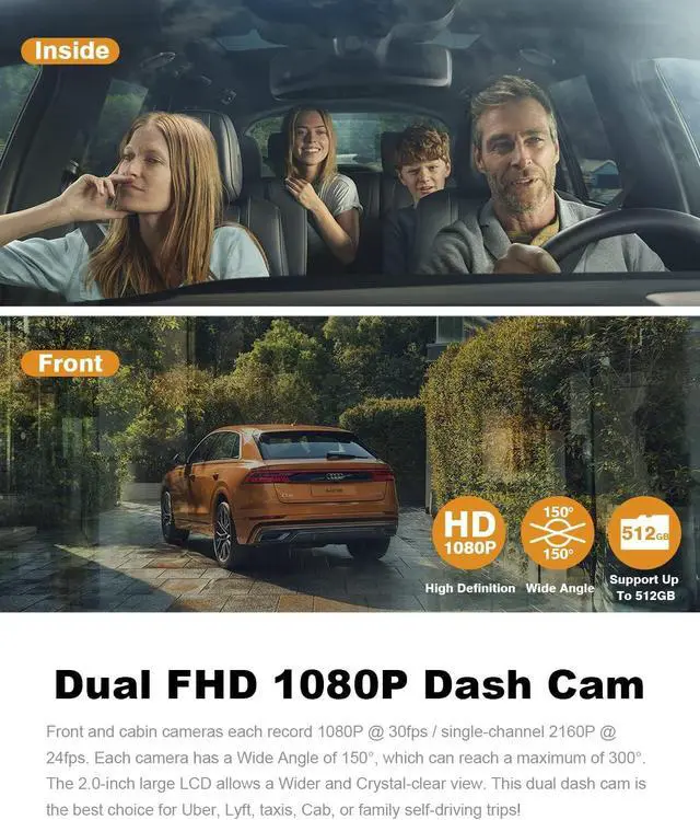 Alt view image 8 of 12 - PRUVEEO Dash Cam, Front and Inside 1080P Dual FHD Dash Camera for Cars, Novatek Processor, Single-Channel 2160P, Infrared Night Vision, Built-in WiFi, 24H Parking Monitor Mode, 2 Inch LCD, 512 Gb Max