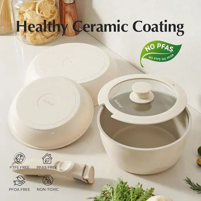 Alt view image 10 of 14 - Redchef Ceramic Pots and Pans Set Non Stick, Nonstick Kitchen Cookware Sets, Non Toxic Pots and Pans Set Non Stick, PFAS PFOA & PTFE Free, Detachable Handle Pots and Pans 5 Piece, RV Cookware