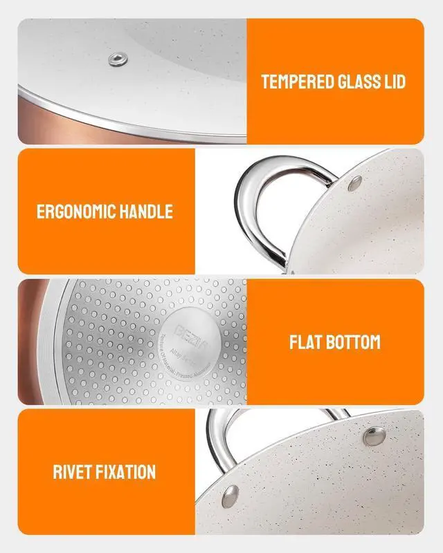Alt view image 9 of 12 - BEZIA Large 8 Quart Nonstick Cooking Pot with Lid, Induction Stock Pot, Soup Pot for All Stovetops, Non-toxic and Oven Safe, PFOA PFAS Free, Golden
