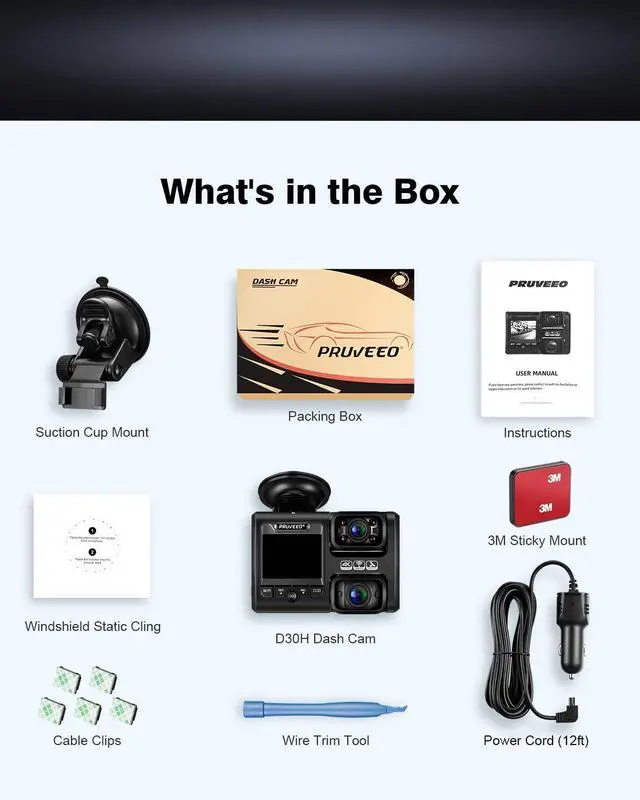 Alt view image 12 of 12 - PRUVEEO Dash Cam, Front and Inside 1080P Dual FHD Dash Camera for Cars, Novatek Processor, Single-Channel 2160P, Infrared Night Vision, Built-in WiFi, 24H Parking Monitor Mode, 2 Inch LCD, 512 Gb Max