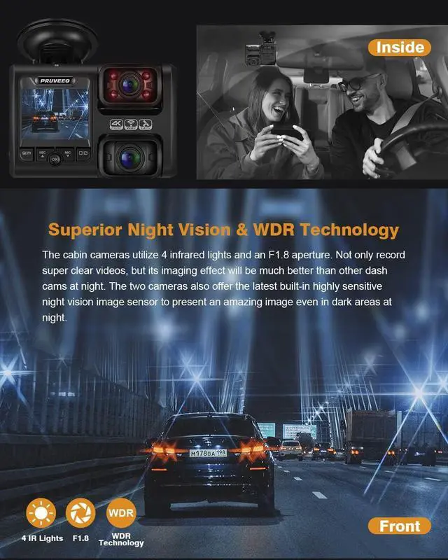 Alt view image 9 of 12 - PRUVEEO Dash Cam, Front and Inside 1080P Dual FHD Dash Camera for Cars, Novatek Processor, Single-Channel 2160P, Infrared Night Vision, Built-in WiFi, 24H Parking Monitor Mode, 2 Inch LCD, 512 Gb Max