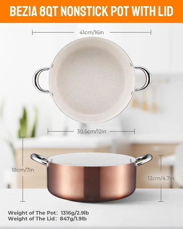 Alt view image 11 of 12 - BEZIA Large 8 Quart Nonstick Cooking Pot with Lid, Induction Stock Pot, Soup Pot for All Stovetops, Non-toxic and Oven Safe, PFOA PFAS Free, Golden
