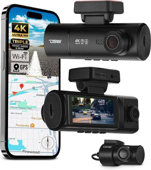 Alt view image 8 of 14 - DS18 Eagle-F3 4K Dash Cam Triple Front Cabin and Rear, WiFi GPS Dash Cam with Night Vision, 24/7 Parking Mode, G-Sensor, Loop Recording, Includes 64GB microSD Card