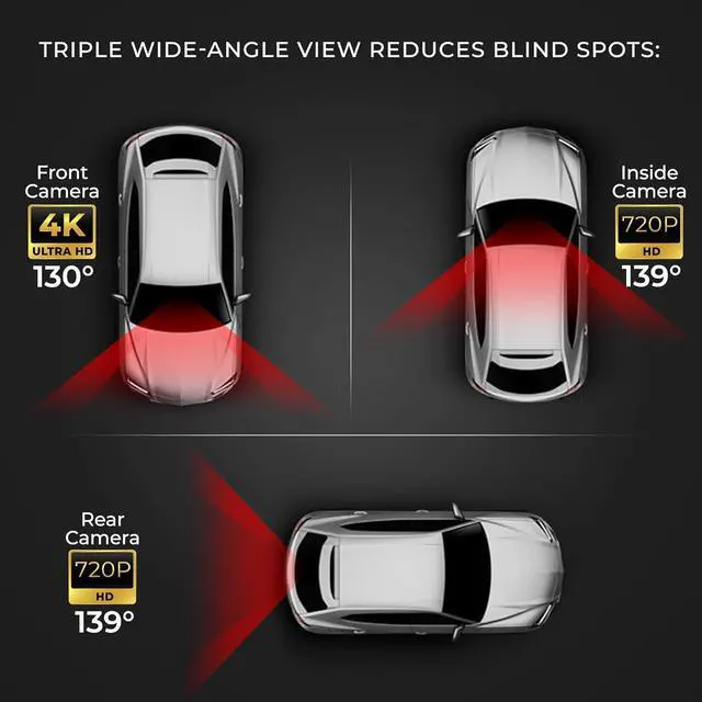 Alt view image 10 of 14 - DS18 Eagle-F3 4K Dash Cam Triple Front Cabin and Rear, WiFi GPS Dash Cam with Night Vision, 24/7 Parking Mode, G-Sensor, Loop Recording, Includes 64GB microSD Card