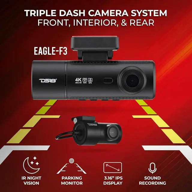 Alt view image 9 of 14 - DS18 Eagle-F3 4K Dash Cam Triple Front Cabin and Rear, WiFi GPS Dash Cam with Night Vision, 24/7 Parking Mode, G-Sensor, Loop Recording, Includes 64GB microSD Card