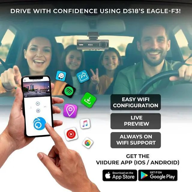 Alt view image 14 of 14 - DS18 Eagle-F3 4K Dash Cam Triple Front Cabin and Rear, WiFi GPS Dash Cam with Night Vision, 24/7 Parking Mode, G-Sensor, Loop Recording, Includes 64GB microSD Card
