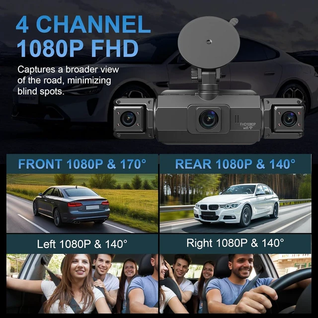 Alt view image 9 of 12 - 4 Channel Dash Cam, Front and Rear, 360 Dash Camera for Cars, 1080P FHD x4, Front 2K+1080P*2 Inside Camera, Built-in WiFi, GPS, Night Vision, 24/7 Recording Parking Mode Monitor, Free 64G Card