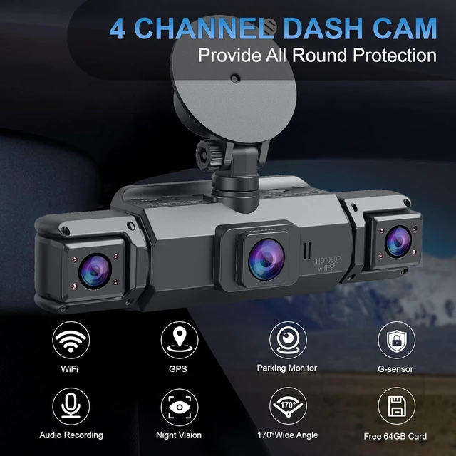 Alt view image 8 of 12 - 4 Channel Dash Cam, Front and Rear, 360 Dash Camera for Cars, 1080P FHD x4, Front 2K+1080P*2 Inside Camera, Built-in WiFi, GPS, Night Vision, 24/7 Recording Parking Mode Monitor, Free 64G Card