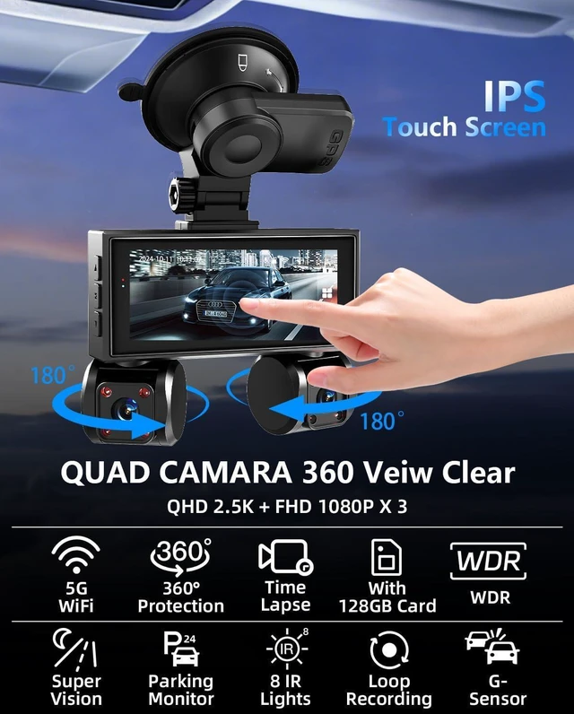Alt view image 9 of 14 - 4 Channel Dash Cam Front and Rear Inside Left Right Car Dash Camera 360 View, 2.5K QHD Car Camera Supper Night Vision, 5G WiFi 3.16 IPS Touch Screen, G-Sensor,24H Parking Mode Free128G Card 256G Max