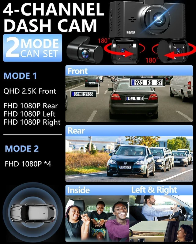Alt view image 10 of 14 - 4 Channel Dash Cam Front and Rear Inside Left Right Car Dash Camera 360 View, 2.5K QHD Car Camera Supper Night Vision, 5G WiFi 3.16 IPS Touch Screen, G-Sensor,24H Parking Mode Free128G Card 256G Max